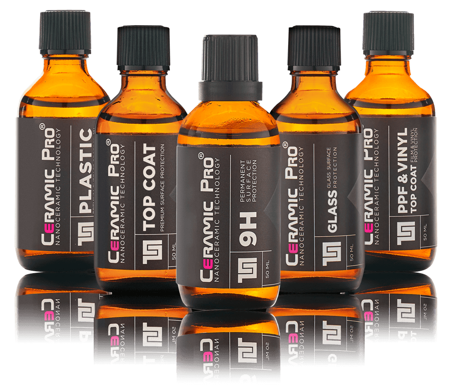 The five Ceramic Pro 50 ml bottles side by side: Plastic, Top Coat, 9H, Glass, and PPF & Vinyl Top Coat.